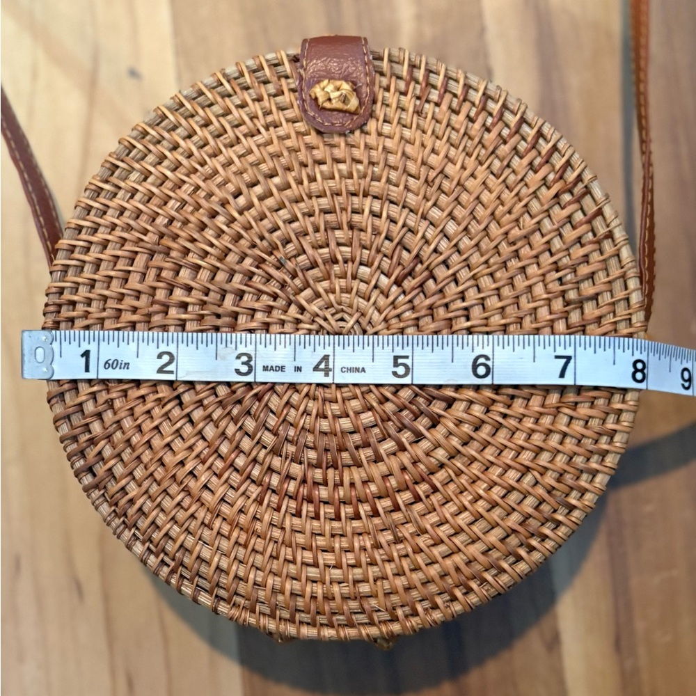 Natural NEO Handwoven Round Rattan Crossbody, Leather Straps & Floral Lining - Picture 8 of 9